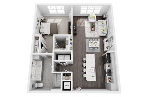 Floor plan for 1 bed, 1 bath, 889 sqft